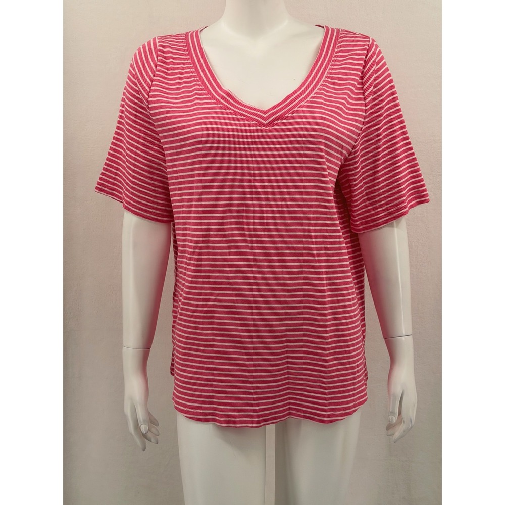 Talbots Top Women 2X Pink White Striped V-Neck Ribbed Short Sleeve Summer Casual